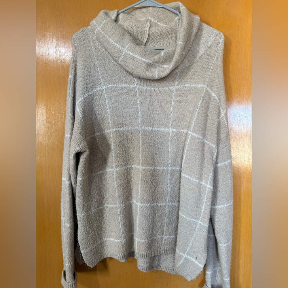 Bohme Taupe Cowl Neck Plaid Sweater